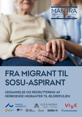 Forsiden viser titel på publikationen samt logo for forskellige institutioner og fonde, der står bag publikationen. Der er et foto af en ældre person, hvor en yngre person sidder ved siden af. Deres hænder er i fokus, den yngre person har lagt sin hånd ovenpå den ældre persons hænder.